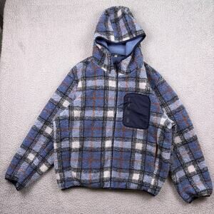 JW Anderson Uniqlo Fleece Jacket Mens L Blue Plaid Fleece Sherpa Full Zip